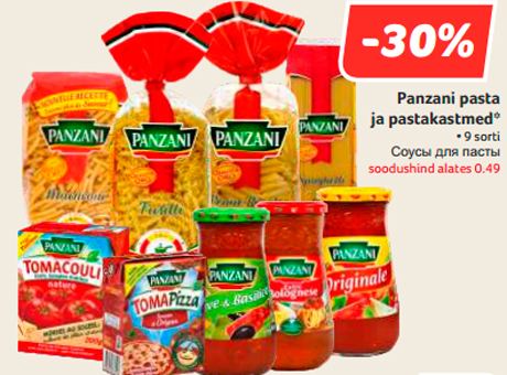 Panzani pasta  ja pastakastmed*   -30%