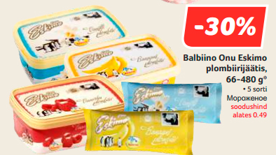 Balbiino Onu Eskimo plombiirijäätis, 66-480 g*  -30%