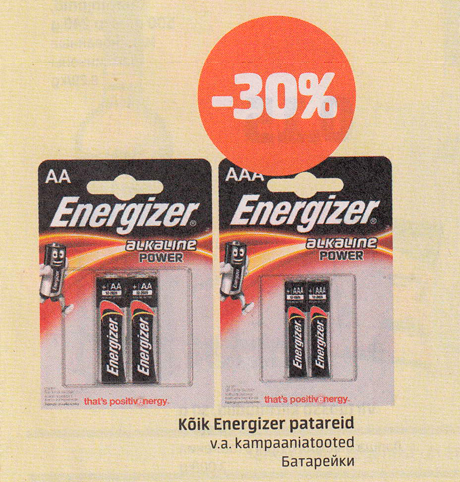 Kõik Energizer patareid  -30%