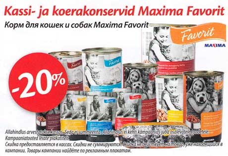 Kassi- ja koerakonservid Maxima Favorit  -20%