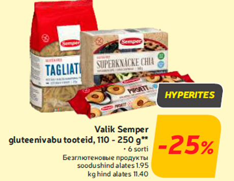 Valik Semper gluteenivabu tooteid, 110 - 250 g** -25%