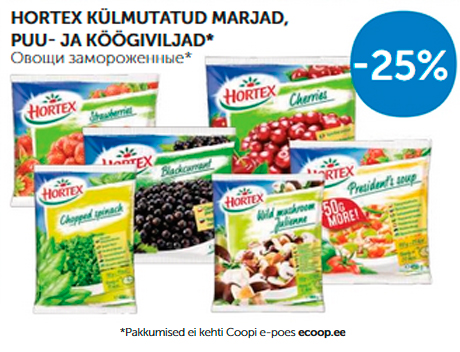 HORTEX KÜLMUTATUD MARJAD, PUU- JA KÖÖGIVILJAD* -25%