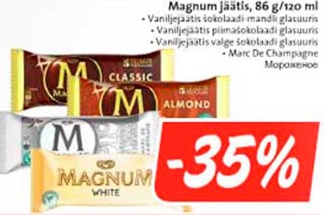 Magnum jäätis (vaniljejäätis šokolaadi mandi glasuuris; (vaniljejäätis piimašokolaadi glasuuris; vaniljejäätis valge šokolaadi glasuuris) -35%