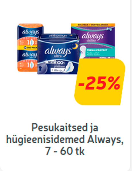 Pesukaitsed ja hügieenisidemed Always**, 7 - 60 tk  -25%