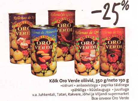 Kõik Oro Verde оliivid, 350 g/neto l50 g .sidruni, anšoovistega , paprika täidisega, pähkliga, küüslauguga, juustuga 