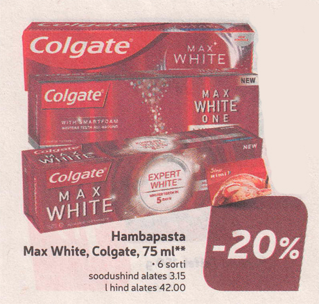Hambapasta Max White, Colgate, 75 ml**  -20%
