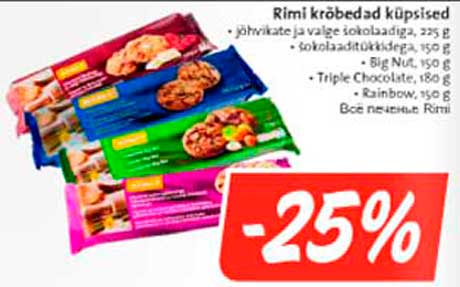 Rimi krõbedad küpsised: jõhvikate ja valge šokolaadiga; šokolaaditükkidega; Big Nut; Triple Chocolate; Rainbow -25%