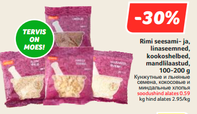 Rimi seesami- ja, linaseemned, kookoshelbed, mandlilaastud, 100-200 g  -30%