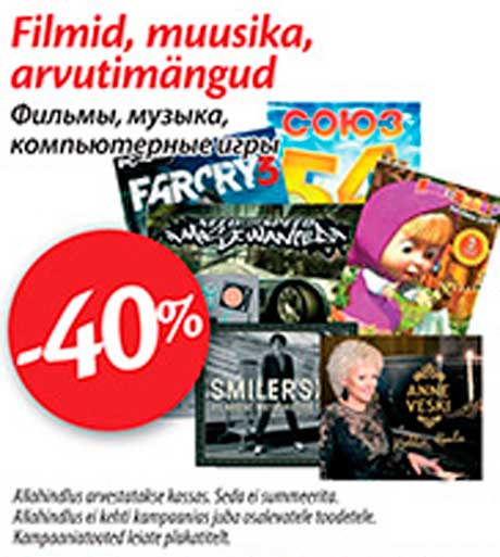 Filmid, muusika, arvutimängud -40%