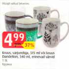 Kruus, varjundiga, 515 ml või kruus Dandelion, 540 ml, erinevad värvid, 1 tk