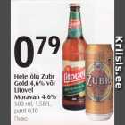 Hele õlu Zebr Gold 4,6% või Litovel Moravan 4,6%, 500 ml