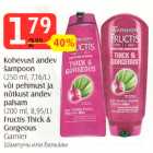 Kohevust andev
šampoon
(250 ml, 7,16/L)
või pehmust ja
nõtkust andev
palsam
(200 ml, 8,95/L)
Fructis Thick &
Gorgeous 