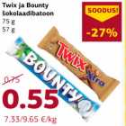 Twix ja Bounty
šokolaadibatoon
75 g, 57 g