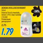 ADIDAS RULLDEODORANT 50ml Intense Touch meestele, Action 3 Pro Clear naistele