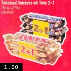 Šokolaad Snickers või Twix 2 + 1, 150 g