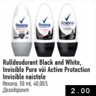 Rulldeodorant Black and White, Invisible Pure või Active Protection Invisible naistele