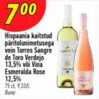 Hispaania kaitstud päritolunimetusega vein Torres Sangre de Toro Verdejo 13,5% või Vina Esmeralda Rose 12,5%, 72 cl