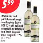 Itaalia kaitstud päritolunimetusega vein Regions Soave DOC 12% või kaitstud geograafilise tähisega vein Zonin Regions Pinot Grigio IGT 12%