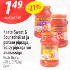 Kaste Sweet &
Sour rohelise ja
punase pipraga,
Spicy pipraga või
ananassiga