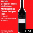 Austraalia
geograafilise tähisega
vein Lindemans
WM Release Shiraz
Cabernet Sauvignon
13,5%
75 cl, 6,67/L