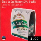 Õlu A. Le Coq Pilsner 4,2%, 6-pakk
6 x 500 ml, 1,33/L, pant 0,60 