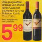 USA geograafilise
tähisega vein Woodhaven
Cabernet
Sauvignon 13% või
Zinfandel 13,5%