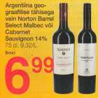 Argentiina geograafilise
tähisega
vein Norton Barrel
Select Malbec või
Cabernet
Sauvignon 14%