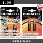 Allahindlus - Duracell  patareid AA või AAA 2 tk/pk