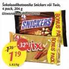 Šokolaadibatoonike Snickers või Twix,4 pack,204 g