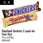 Šokolaad Snickers 2-pack või
Twix Xtra