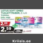 Allahindlus - LOTUS SOFT EMBO
TUALETTPABER, 8 rulli
3-kihiline,
kirju, valge