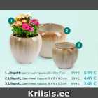 1. Lillepott; 20 x 20 x 17 cm -  5.99 €
2. Lillepott; 18 x 18 x 14,5 cm - 4.49 €
3. Lillepott; 16 x 16 x 12,5 cm - 3.49 €
