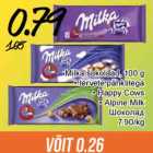 Allahindlus - Milka šokolaad, 100 g
• tervete pähklitega
• Happy Cows
• Alpine Milk