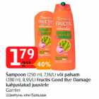 Allahindlus - Šampoon (250 ml, 7,16/L) või palsam
(200 ml, 8,95/L) Fructis Good Bye Damage
kahjustatud juustele