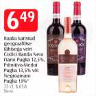 Itaalia kaitstud geograafilise tähisega vein Codici Banda Nera Fiano Puglia 12,5%, Primitivo-Merlot Puglia 13,5% või Negroamaro Puglia 13%* 75 cl